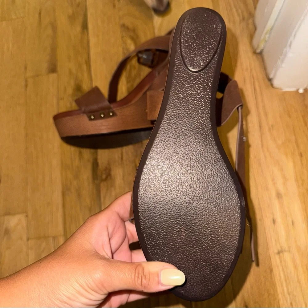 MIA Brown Leather Strappy Wedge Sandals